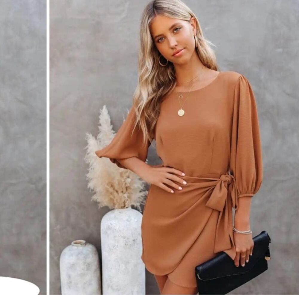VICI Faux Wrap Mini Dress Camel Brown Puff Sleeve Tie Waist Textured M